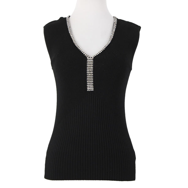 Cache Sz S Black Silver Rhinestones V Neck Ribbed Rayon Spandex AS IS Top