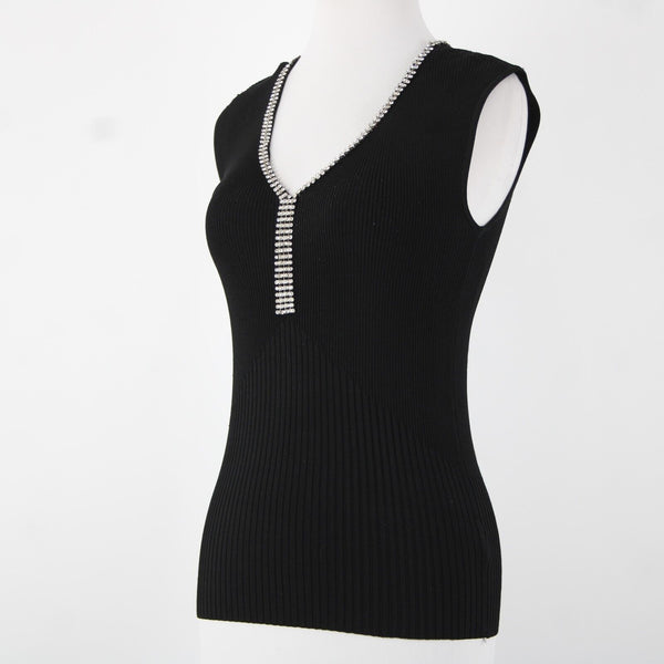 Cache Sz S Black Silver Rhinestones V Neck Ribbed Rayon Spandex AS IS Top