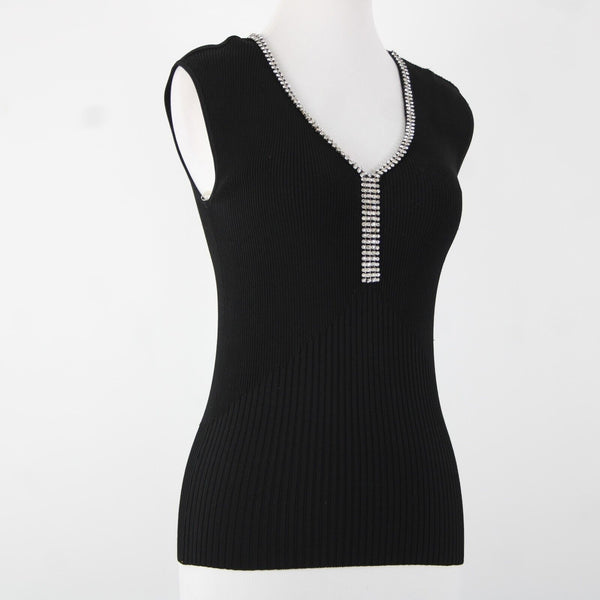 Cache Sz S Black Silver Rhinestones V Neck Ribbed Rayon Spandex AS IS Top