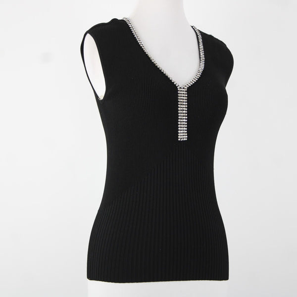 Cache Sz S Black Silver Rhinestones V Neck Ribbed Rayon Spandex AS IS Top