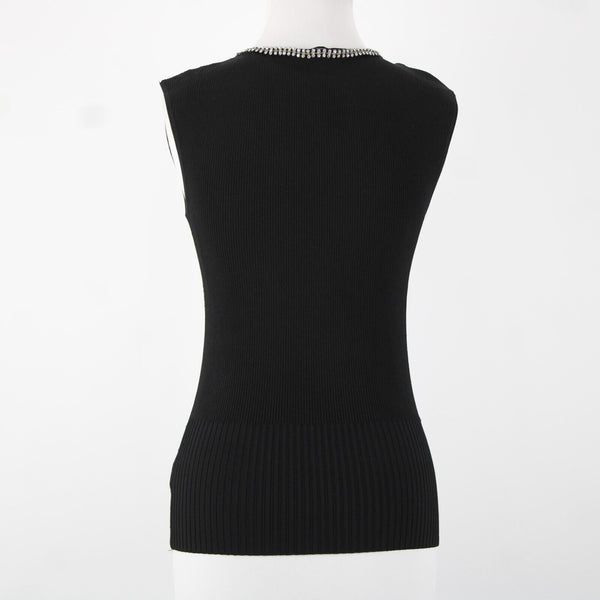 Cache Sz S Black Silver Rhinestones V Neck Ribbed Rayon Spandex AS IS Top