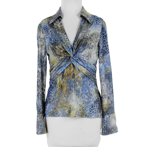 Cartise Sz M Blue Multi Twist Front Pullover Collared Polyester Blend Knit Top