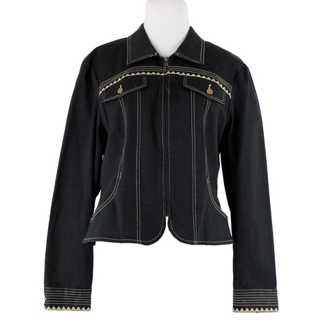 Christine Phillipe Sz 12 Tan Black Collared Zip Embroidered Cotton Lined Jacket