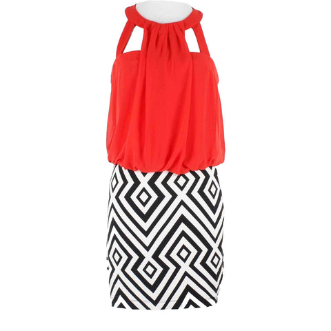 BISOU BISOU Sz 8 Black White Red Strappy Blouson Geo. Poly Blend Dress