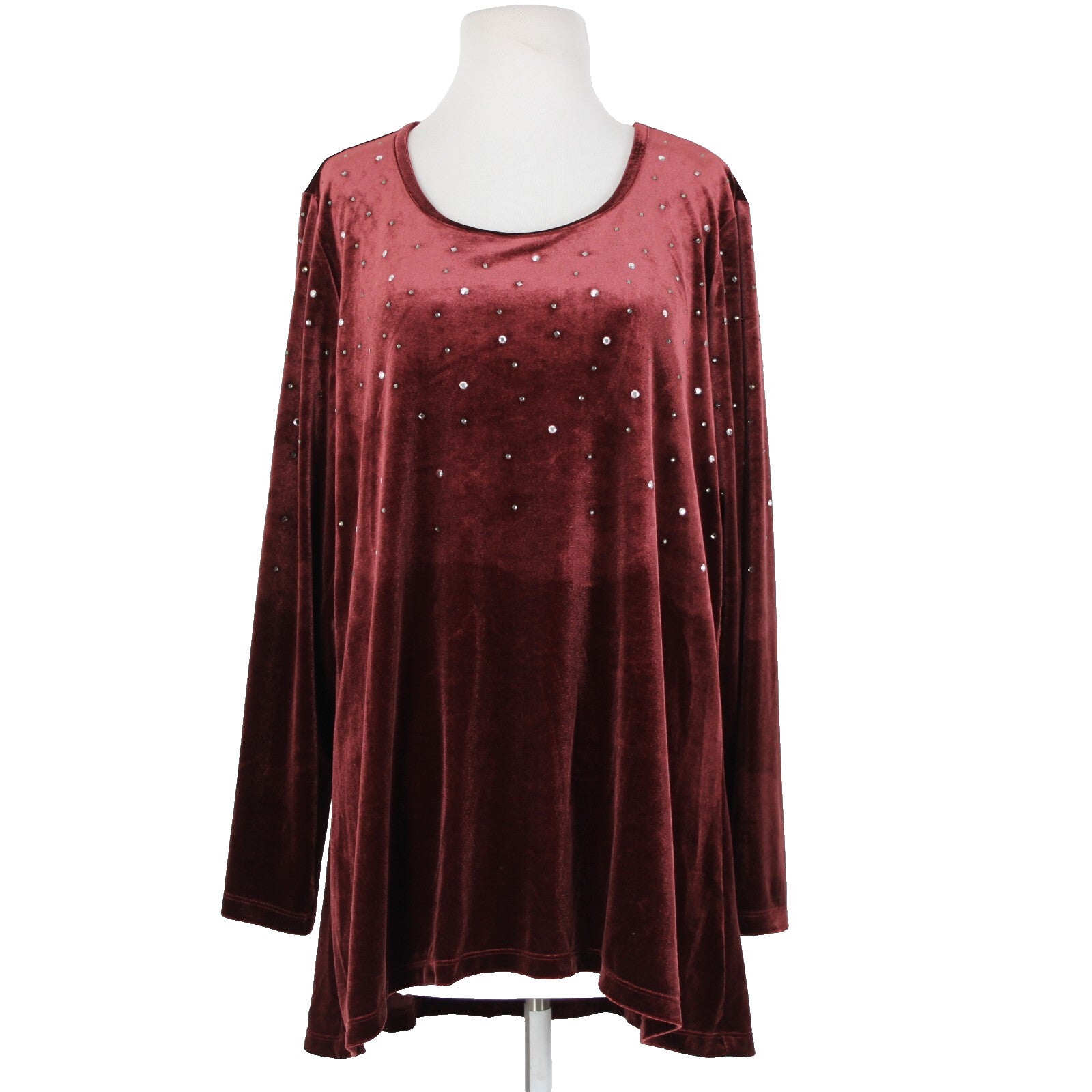 Quacker Factory NEW Sz L Red Burgundy Rhinestones Velour Poly Spandex Sweater