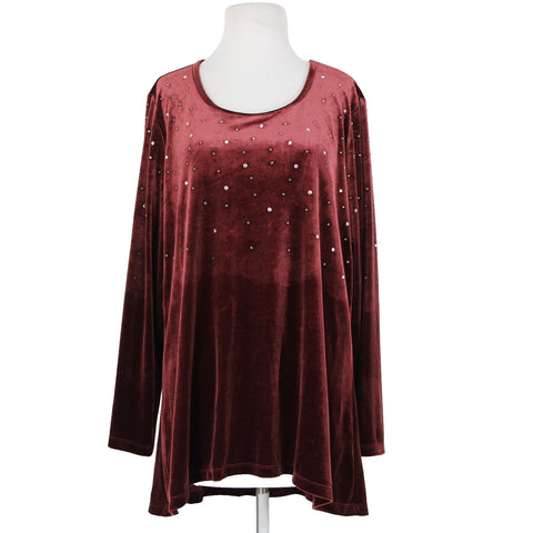 Quacker Factory NEW Sz L Red Burgundy Rhinestones Velour Poly Spandex Sweater