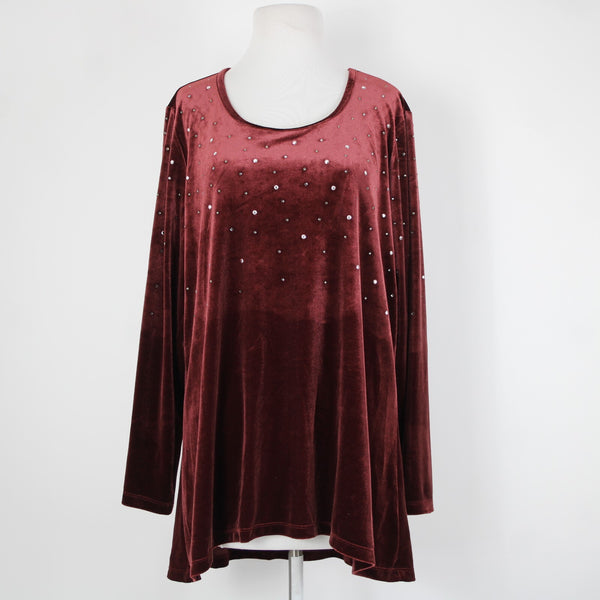 Quacker Factory NEW Sz L Red Burgundy Rhinestones Velour Poly Spandex Sweater