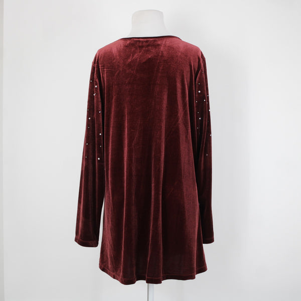 Quacker Factory NEW Sz L Red Burgundy Rhinestones Velour Poly Spandex Sweater