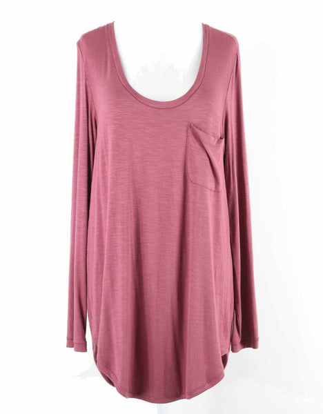 Pure + Good Sz L Burgundy Hi Lo Pocket Back Ribbon Detail Rayon Spandex Top