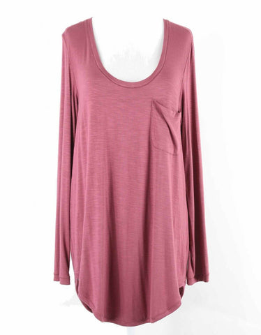 Pure + Good Sz L Burgundy Hi Lo Pocket Back Ribbon Detail Rayon Spandex Top