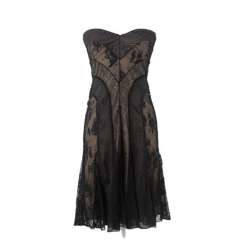Tadashi NEW $390 Sz 2 Black Laceover Nude Lined Strapless Nylon Blend Dress