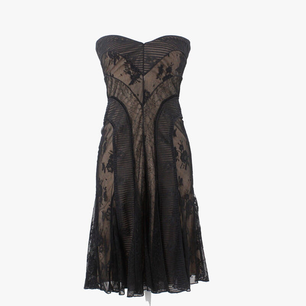 Tadashi NEW $390 Sz 2 Black Laceover Nude Lined Strapless Nylon Blend Dress