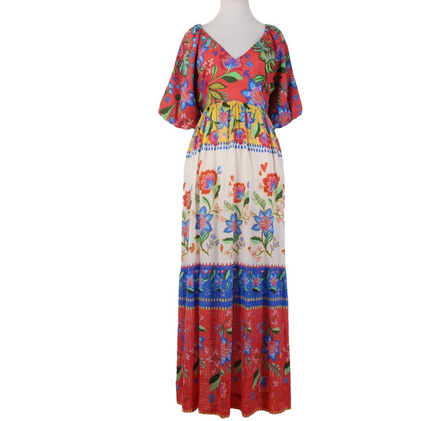 Johnny Was Dress NEW $298 Sz M Red White Multi Color Open Back Pockets Dress