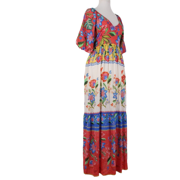 Johnny Was Dress NEW $298 Sz M Red White Multi Color Open Back Pockets Dress