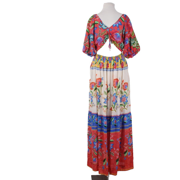 Johnny Was Dress NEW $298 Sz M Red White Multi Color Open Back Pockets Dress