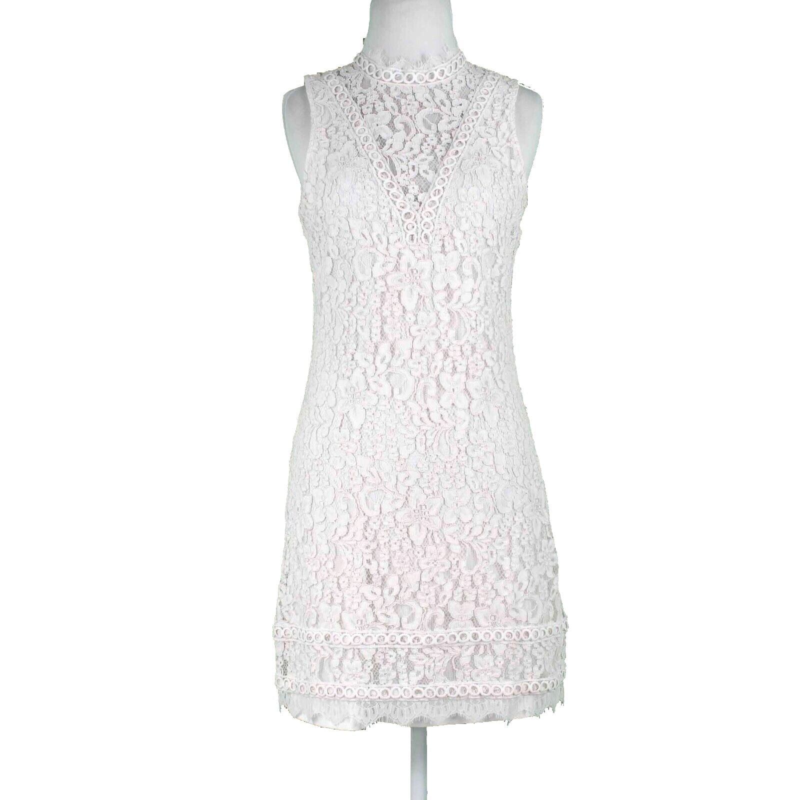 Kensie Sz 6 Ivory White Lace Overlay Lined High Neck Back Keyhole Cotton Dress