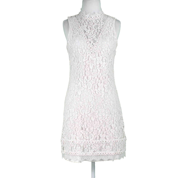 Kensie Sz 6 Ivory White Lace Overlay Lined High Neck Back Keyhole Cotton Dress