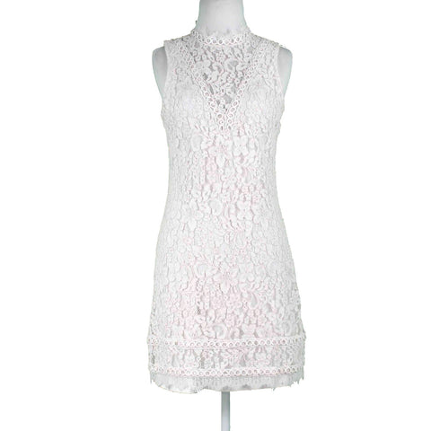 Kensie Sz 6 Ivory White Lace Overlay Lined High Neck Back Keyhole Cotton Dress