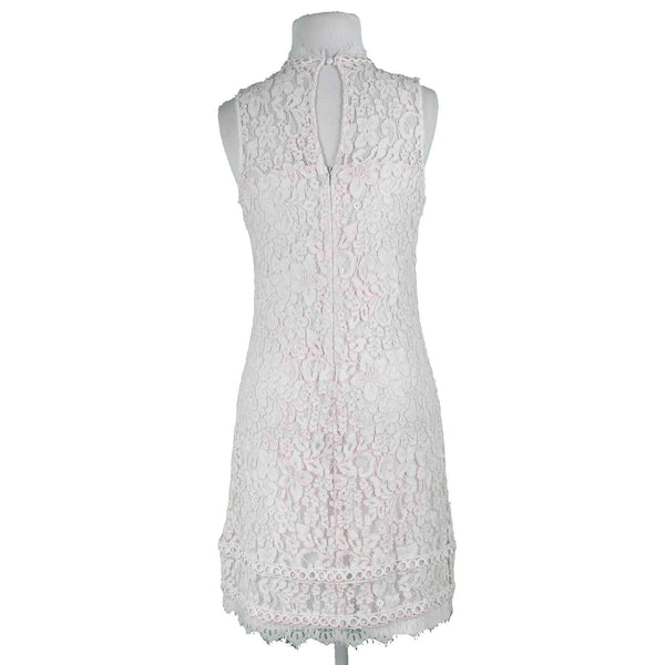 Kensie Sz 6 Ivory White Lace Overlay Lined High Neck Back Keyhole Cotton Dress