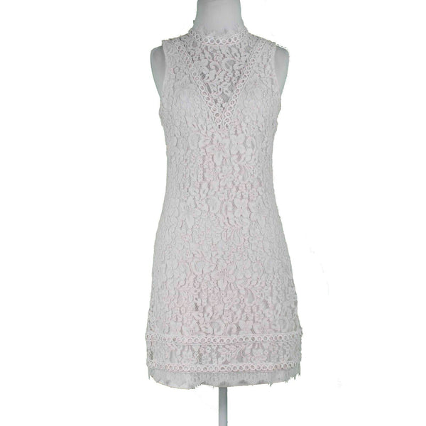 Kensie Sz 6 Ivory White Lace Overlay Lined High Neck Back Keyhole Cotton Dress