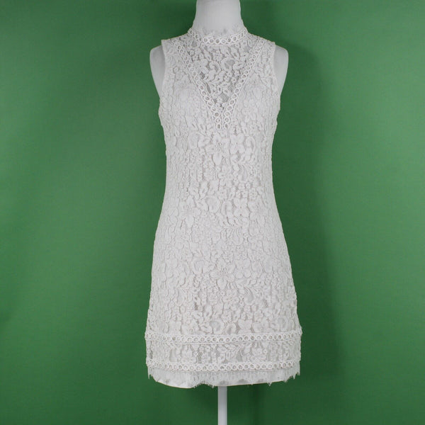 Kensie Sz 6 Ivory White Lace Overlay Lined High Neck Back Keyhole Cotton Dress