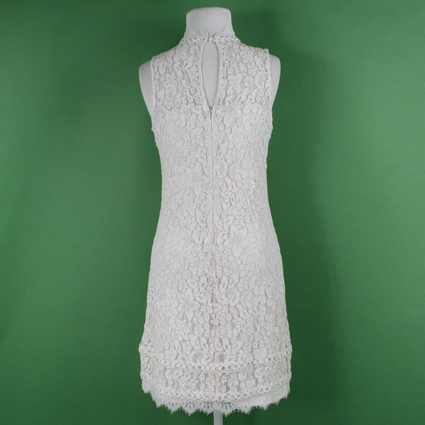 Kensie Sz 6 Ivory White Lace Overlay Lined High Neck Back Keyhole Cotton Dress