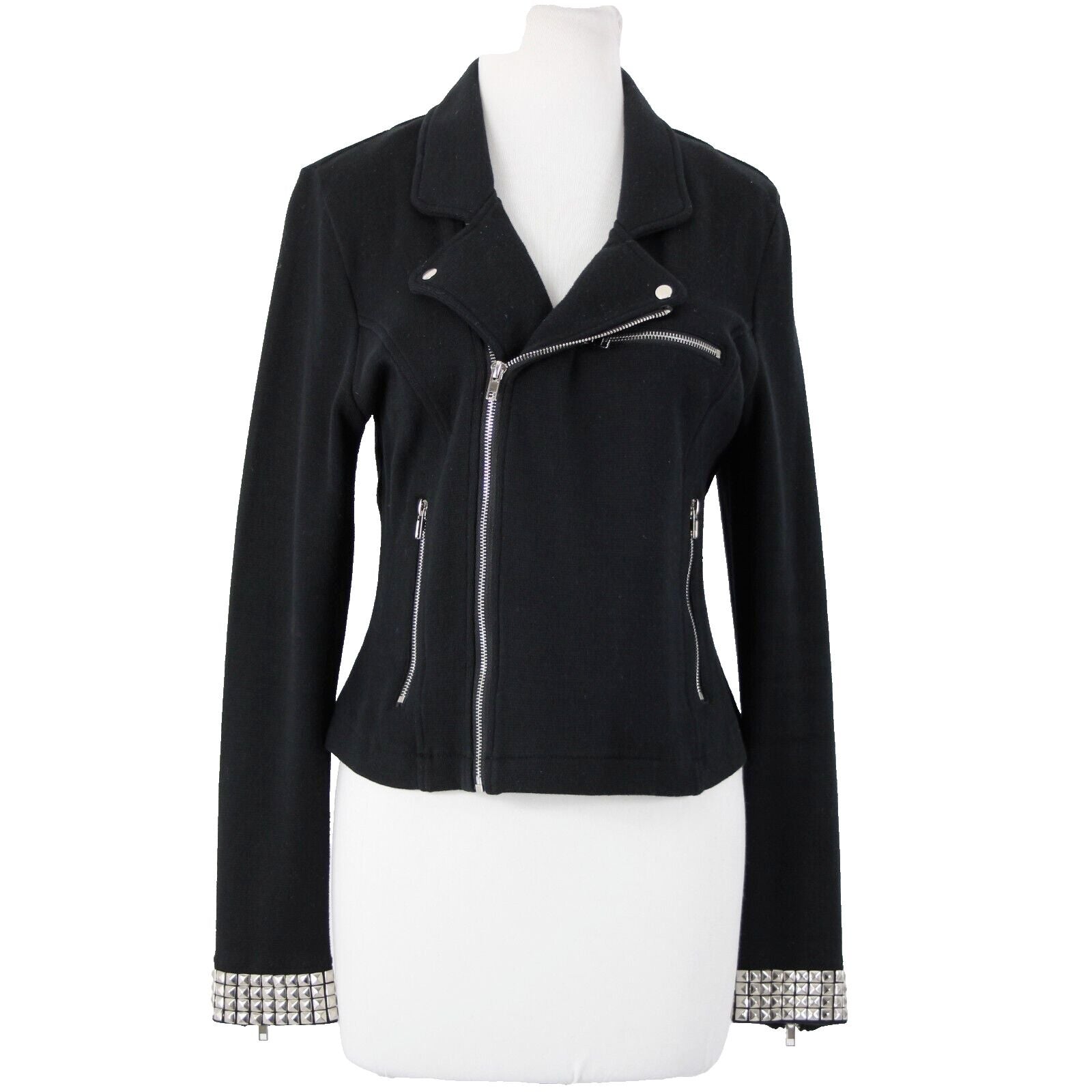 Cache Sz L Black Silver Collared Studded Zip Pockets Moto 100% Cotton Jacket