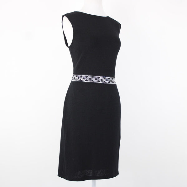 St John Evening Sz 8 Black Rhinestones Open Back Santana Knit AS IS Dress
