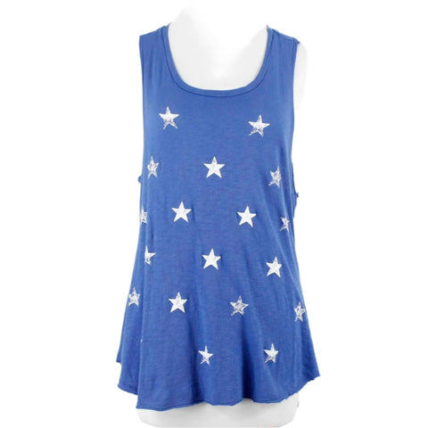 Sundry Sz 1 Pacific Blue White Stars Racerback Asymmetrical Cotton Knit Top