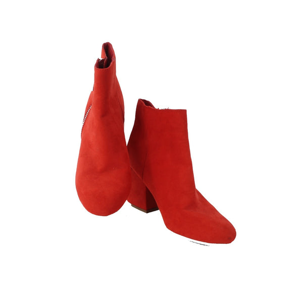 DV Boots Sz 8.5 Red Silver Side Zip Textile Upper Faux Suede 3" Ankle Boots