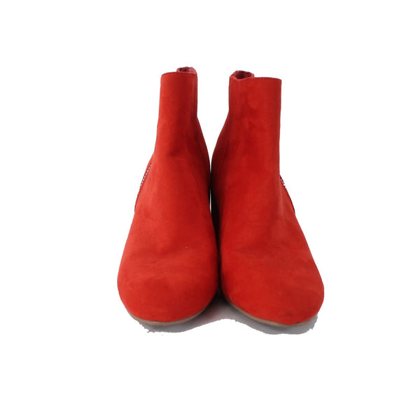 DV Boots Sz 8.5 Red Silver Side Zip Textile Upper Faux Suede 3" Ankle Boots