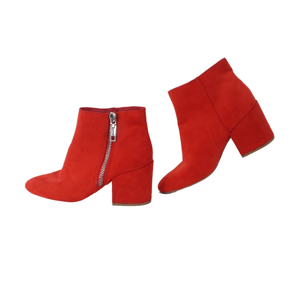 DV Boots Sz 8.5 Red Silver Side Zip Textile Upper Faux Suede 3" Ankle Boots