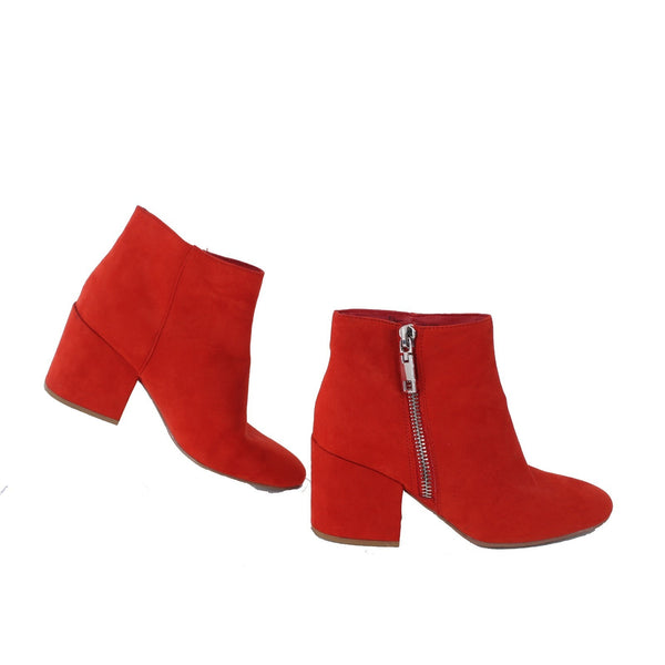 DV Boots Sz 8.5 Red Silver Side Zip Textile Upper Faux Suede 3" Ankle Boots