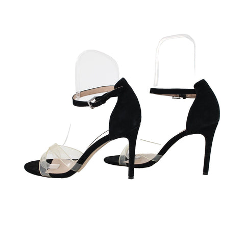 Charles David Sz 10 M Black Clear Straps Leather Upper Inner 4" Ankle Wrap Heels