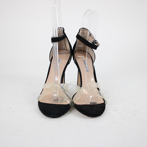 Charles David Sz 10 M Black Clear Straps Leather Upper Inner 4" Ankle Wrap Heels