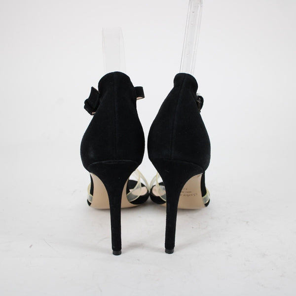 Charles David Sz 10 M Black Clear Straps Leather Upper Inner 4" Ankle Wrap Heels