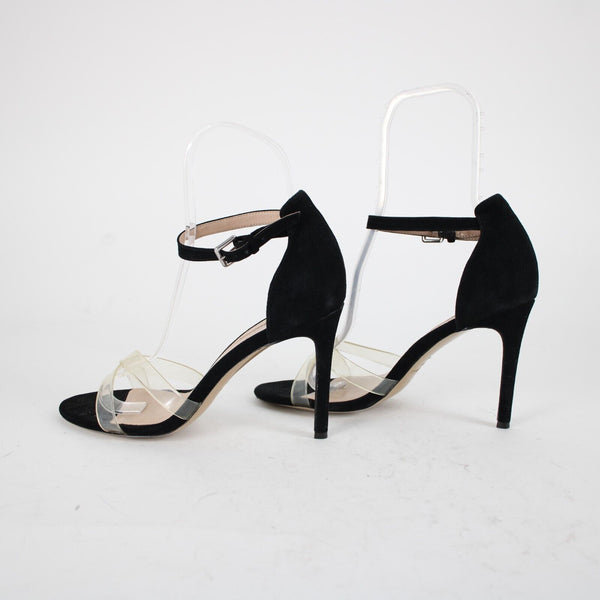 Charles David Sz 10 M Black Clear Straps Leather Upper Inner 4" Ankle Wrap Heels