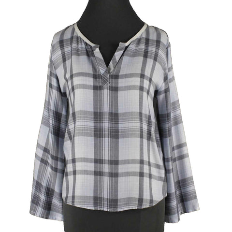 Cloth & Stone Sz S Light Blue Gray White Plaid V Neck Rayon Acrylic Top