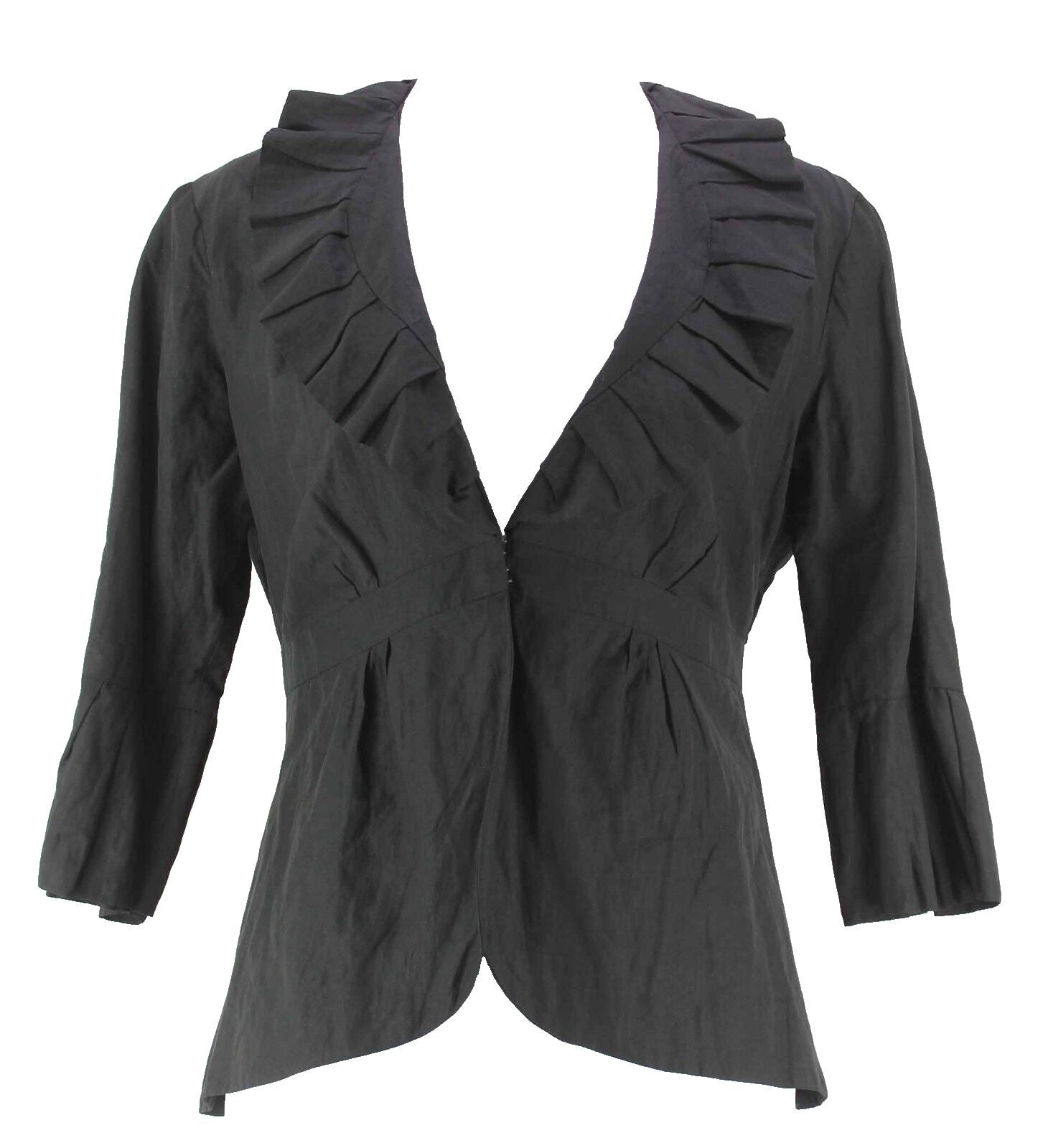 CAbi Sz 2 Black Cotton Poly Blend Ruffle Shawl Collar 3/4 Sleeve Lined Jacket