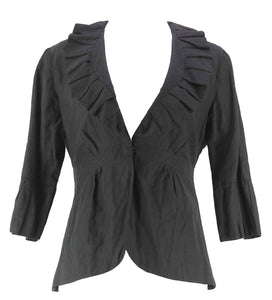 CAbi Sz 2 Black Cotton Poly Blend Ruffle Shawl Collar 3/4 Sleeve Lined Jacket