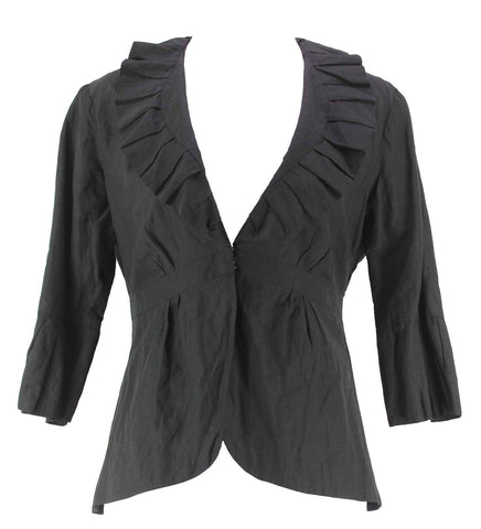 CAbi Sz 2 Black Cotton Poly Blend Ruffle Shawl Collar 3/4 Sleeve Lined Jacket