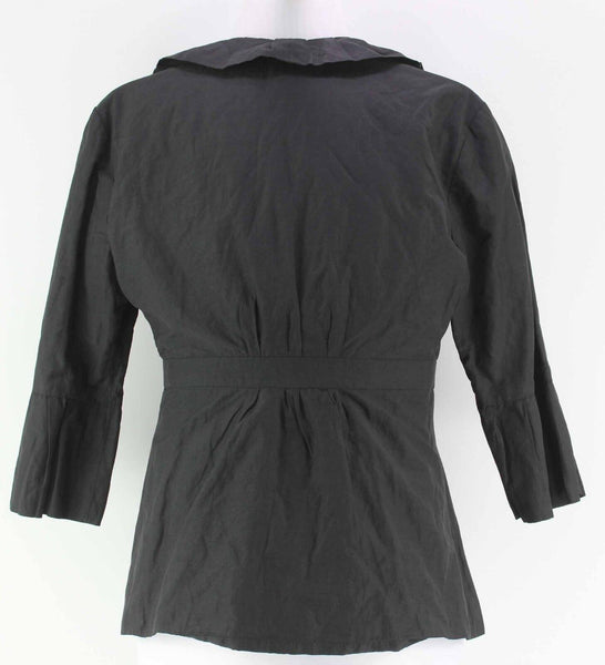 CAbi Sz 2 Black Cotton Poly Blend Ruffle Shawl Collar 3/4 Sleeve Lined Jacket
