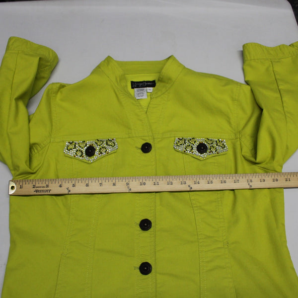 Prosper Devine Sz XL Lime Green Rhinestone 3/4 Slv Pckt Cotton Poly Spndx Jacket