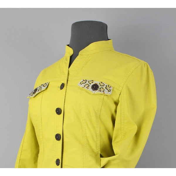 Prosper Devine Sz XL Lime Green Rhinestone 3/4 Slv Pckt Cotton Poly Spndx Jacket