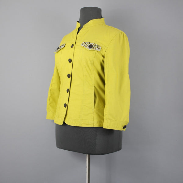 Prosper Devine Sz XL Lime Green Rhinestone 3/4 Slv Pckt Cotton Poly Spndx Jacket