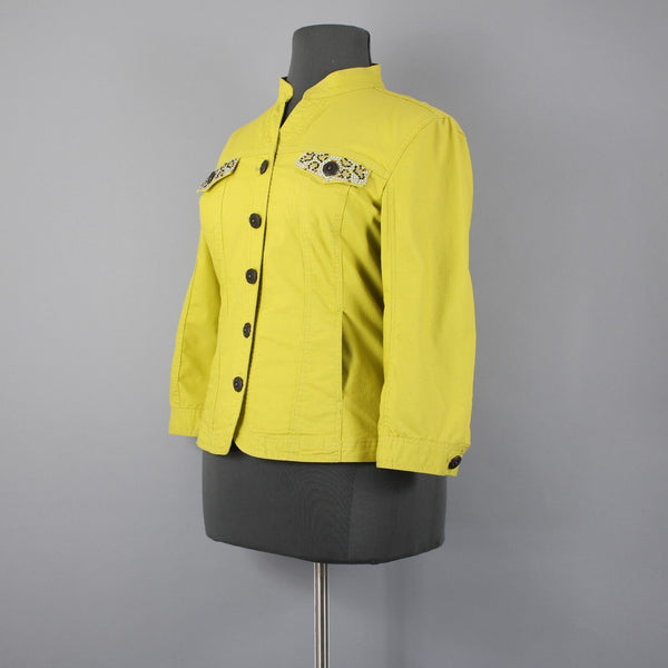 Prosper Devine Sz XL Lime Green Rhinestone 3/4 Slv Pckt Cotton Poly Spndx Jacket