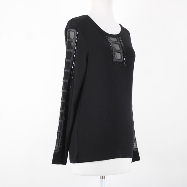 Tricotto Sz S Black Beaded Mesh Eyelets Viscose Elastane AS IS Top