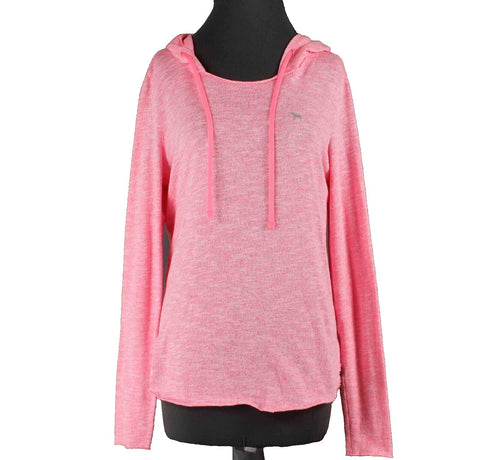 PINK Sz S Pink Silver Round Raw Hem Hooded Pullover Cotton Blend Knit Sweater