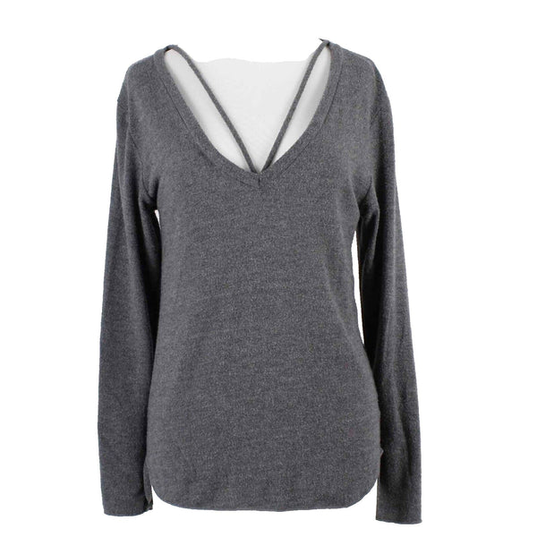 LNA Sz S Charcoal Gray Embellished V Neck Poly Blend Hi Lo Sweater