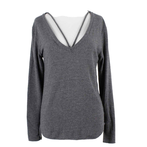 LNA Sz S Charcoal Gray Embellished V Neck Poly Blend Hi Lo Sweater